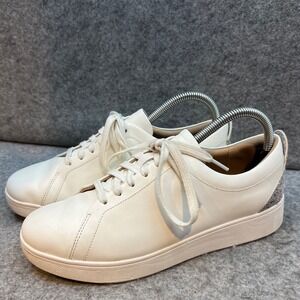 FitFlop Rally Womens White Leather Lace Up Sneakers Glitter Heel Patch Low Top 8